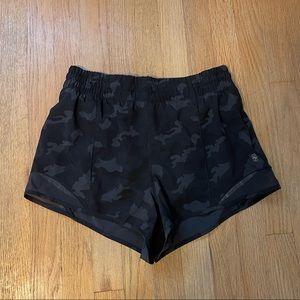 Black camo printed workout shorts